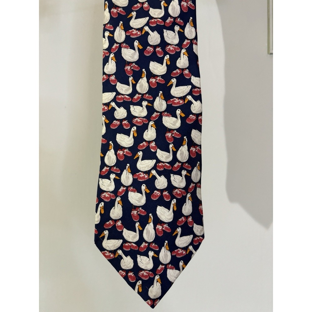 VTG PAUL FREDRICK Goose In Red Shoes Navy Blue Silk Tie
